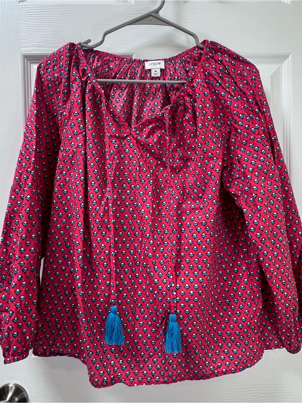 J.CREW Women's Long Sleeve Block Print Puff Sleeve Tunic Cherry Red Coastal M